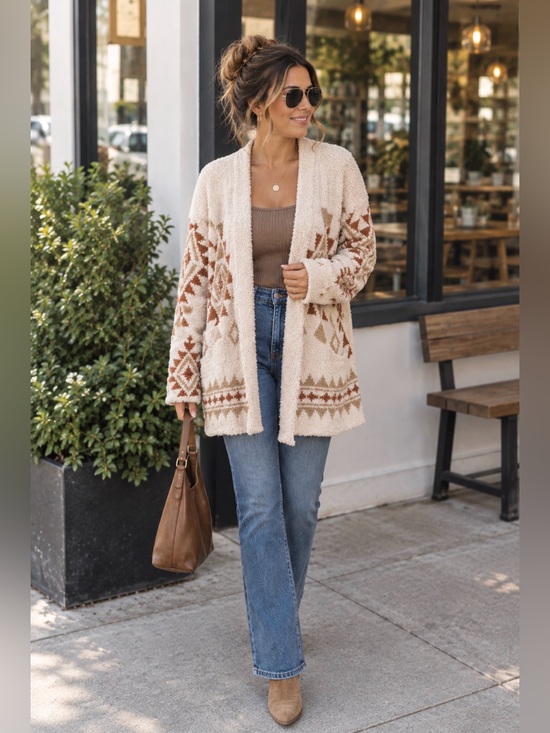 new in Sweaters - New In Cozy Neutral Aztec Patterned Open-Front Women's Sweater Cardigan. Size M